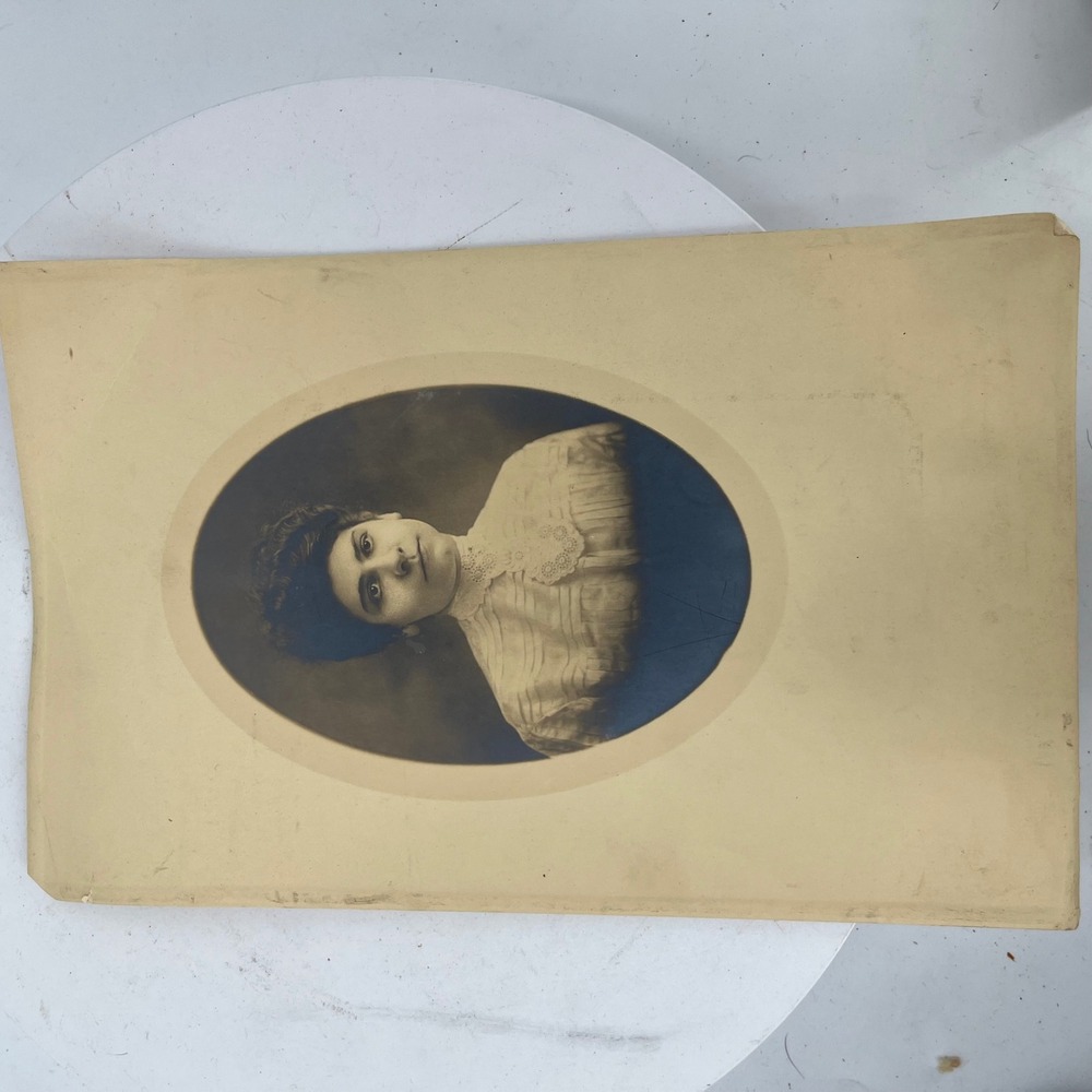 Antique c1900 Woman Oval Portrait Photo Victorian Edwardian Fashion Large 11x7
